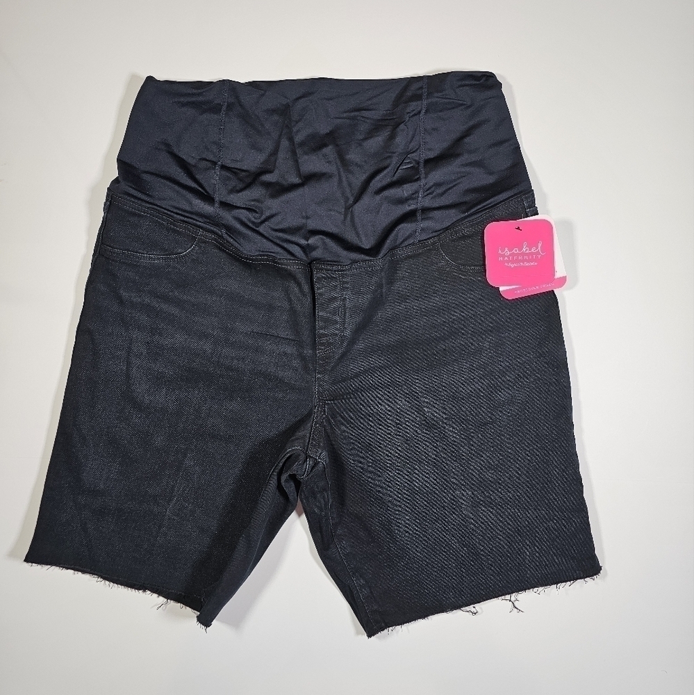 Isabel Maternity Crossover Panel Black Wash Denim Bermuda Shorts Size  NWT